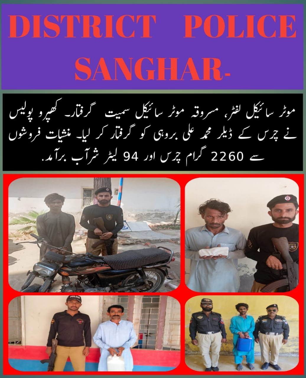 سانگھڑ(مشتاق کھوسو موٹر سائیکل ڈکیتی، مسروقہ موٹر سائیکل سمیت گرفتار۔ کپرو پولیس نے چرس ڈیلر محمد علی بروہی کو گرفتار کر لیا۔منشیات فروشوں سے 2260 گرام چرس اور 94 لیٹر شراب برآمد کر لی گئی